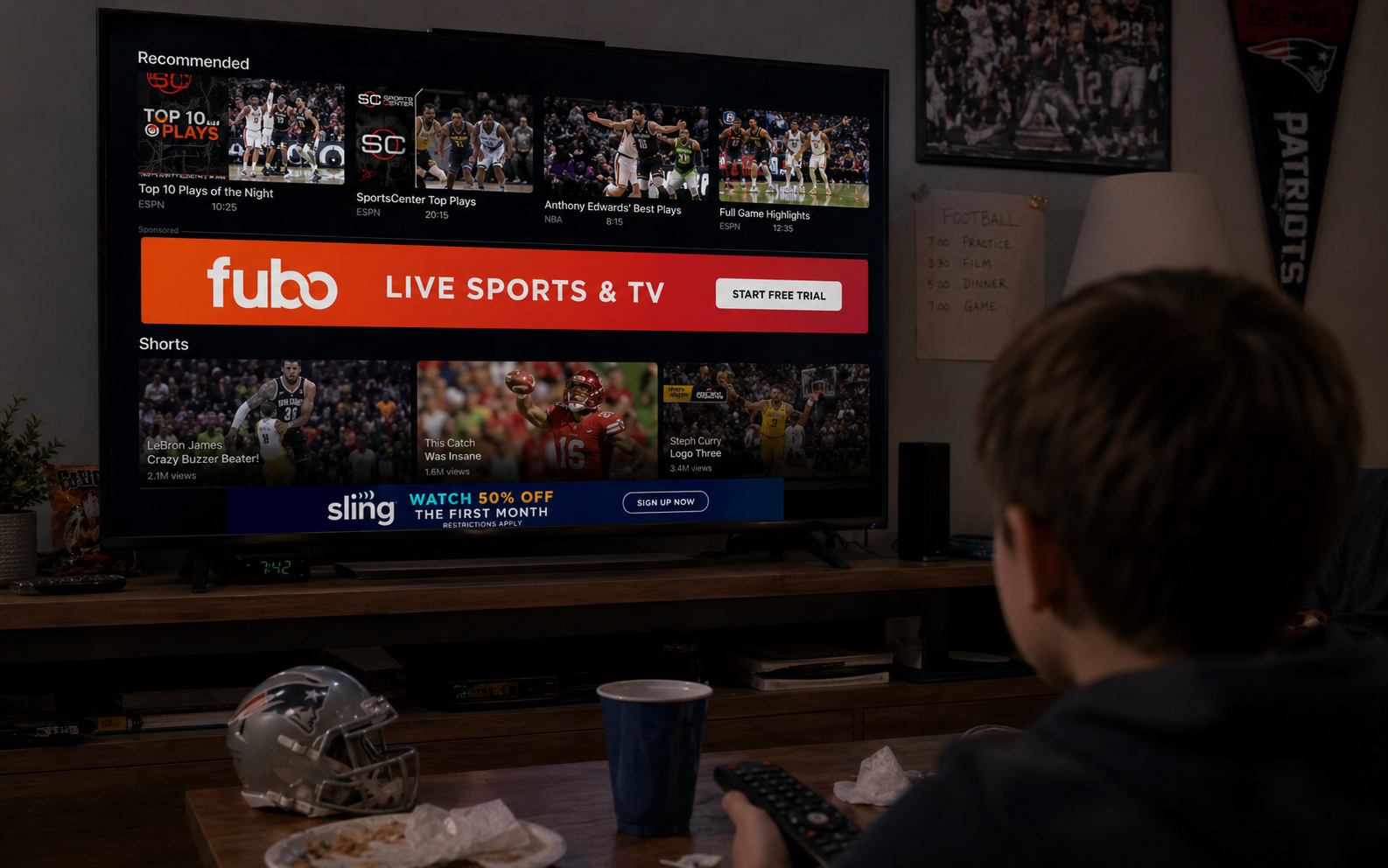 A boy sits in front of a TV showing a generic sports-app feed — Top 10 Plays, SportsCenter, and ads for Fubo and Sling — while a Patriots helmet, a Patriots banner, and a handwritten football schedule sit in the room around him.